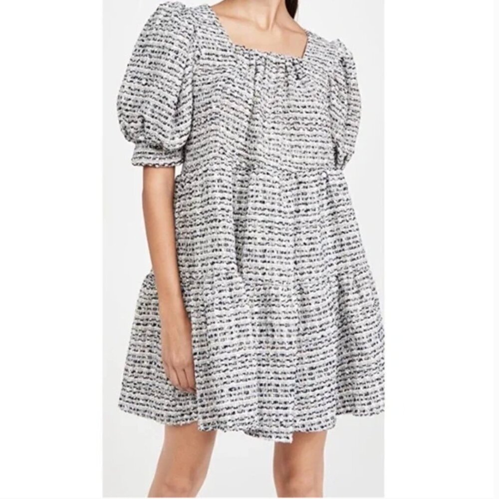 Sister Jane Waltz Tweed Confetti Mini Dress Babydoll Puff Sleeve Tiered Size M
